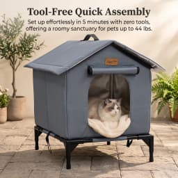 BingoPaw Elevated Outdoor Cat House Weatherproof, Insulated Feral Cat Shelter for Outside Winter with 3-Layer Aluminum Foil Thermal Liner, 600D Waterproof Oxford Pet Tent Bed with Legs & Ground Stakes for Stray Cats (45x42x55cm)