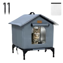 BingoPaw Elevated Outdoor Cat House Weatherproof, Insulated Feral Cat Shelter for Outside Winter with 3-Layer Aluminum Foil Thermal Liner, 600D Waterproof Oxford Pet Tent Bed with Legs & Ground Stakes for Stray Cats (45x42x55cm)