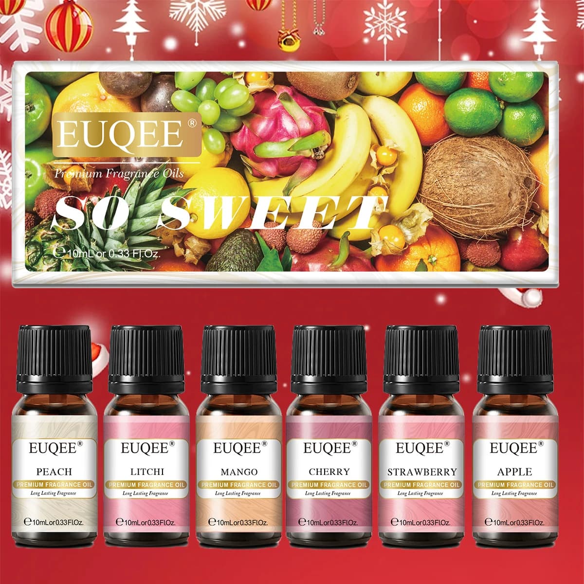EUQEE Christmas Gift Set Aromatherapy Fragrance Oil 6 x 10ml Peach Litch Mango Cherry Strawberry Apple Aroma Oils For Diffuser,Candle Making