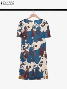 ZANZEA Elegant Women Knee-length Dresses 2025 Fashion Casual Short Sleeve Floral Print Party Dress O-Neck Holiday Robes Femme