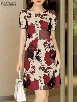 ZANZEA Elegant Women Knee-length Dresses 2025 Fashion Casual Short Sleeve Floral Print Party Dress O-Neck Holiday Robes Femme