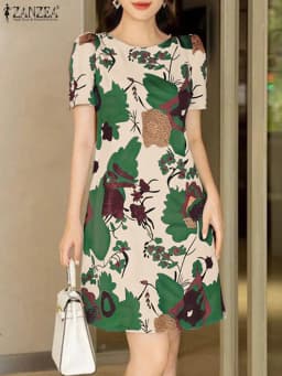 ZANZEA Elegant Women Knee-length Dresses 2025 Fashion Casual Short Sleeve Floral Print Party Dress O-Neck Holiday Robes Femme
