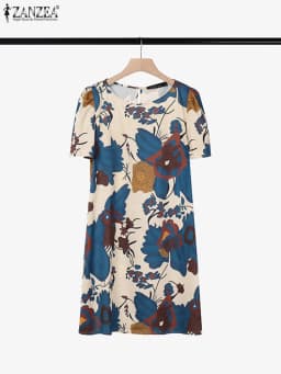 ZANZEA Elegant Women Knee-length Dresses 2025 Fashion Casual Short Sleeve Floral Print Party Dress O-Neck Holiday Robes Femme