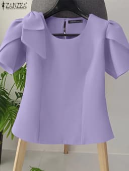 Women Blouse ZANZEA Elegant Office Lady Summer Short Puff Sleeve Bow Fashion Shirts 2025 Casual Solid Color Tops Tunic Blusas