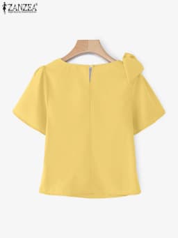 Women Blouse ZANZEA Elegant Office Lady Summer Short Puff Sleeve Bow Fashion Shirts 2025 Casual Solid Color Tops Tunic Blusas