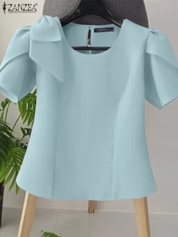 Women Blouse ZANZEA Elegant Office Lady Summer Short Puff Sleeve Bow Fashion Shirts 2025 Casual Solid Color Tops Tunic Blusas