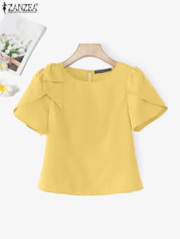 Women Blouse ZANZEA Elegant Office Lady Summer Short Puff Sleeve Bow Fashion Shirts 2025 Casual Solid Color Tops Tunic Blusas