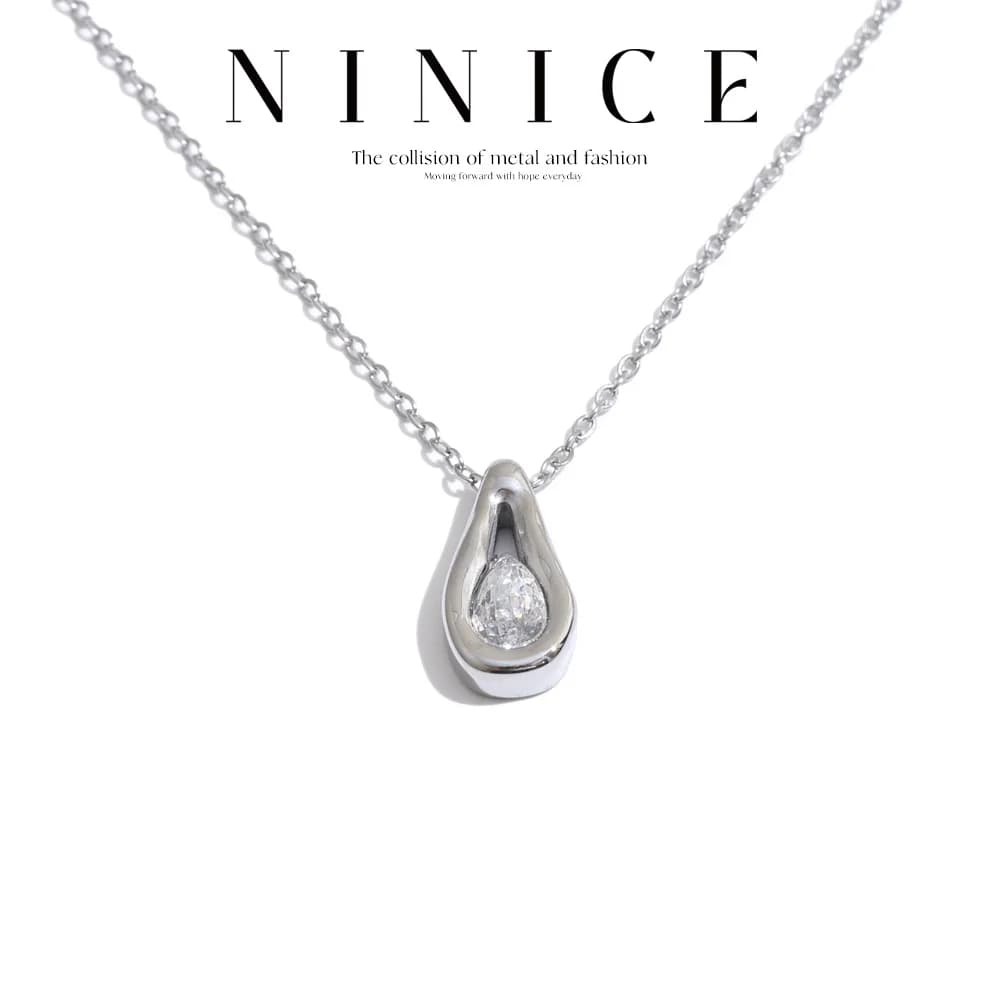 NiNice Stainless Steel Teardrop Pendant Necklace Inlaid Pear‑Shaped Sparkling Cubic Zirconia Dainty High Quality Chain Everyday