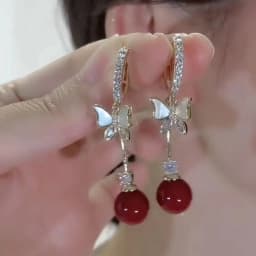 Elegant Red Zircon Butterfly Drop Earrings for Women Temperament Sweet Metal Bow Earrings Fashion Charms Jewelry Accessories