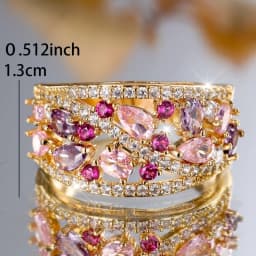 Pink Purple Crystal Water Drop Stone Engagement Rings for Women Vintage Gold Color Wedding Bands Birthstone Jewelry Party Gifts