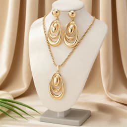 Minimalist Geometric Water Drop Jewelry Set Women Layered Oval Pendant Necklace & Dangle Earrings Timeless Fashion Jewelry