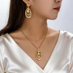 Minimalist Geometric Water Drop Jewelry Set Women Layered Oval Pendant Necklace & Dangle Earrings Timeless Fashion Jewelry