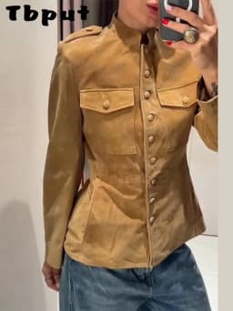 Vintage Stand Collar Women's Coats Full Sleeve Pocket Single-Breasted Slim Lady Coat 2026 Autumn Chic Female Streetwear