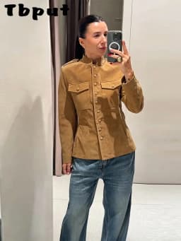 Vintage Stand Collar Women's Coats Full Sleeve Pocket Single-Breasted Slim Lady Coat 2026 Autumn Chic Female Streetwear