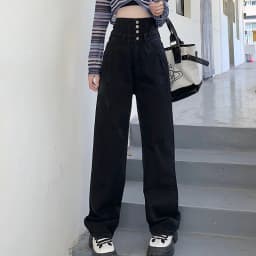 Hight Waist Denim Pant Women Jeans Vintage Straight Trousers Jeans Autumn Spring Fashion Female Black Casual Wide Leg Pants