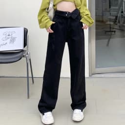 Hight Waist Denim Pant Women Jeans Vintage Straight Trousers Jeans Autumn Spring Fashion Female Black Casual Wide Leg Pants