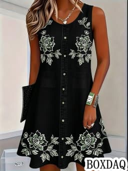 Women Vintage Pattern Flowers Print Dresses Summer Fashion Sleeveless Dress Casual Sundress Beach Loose Dress