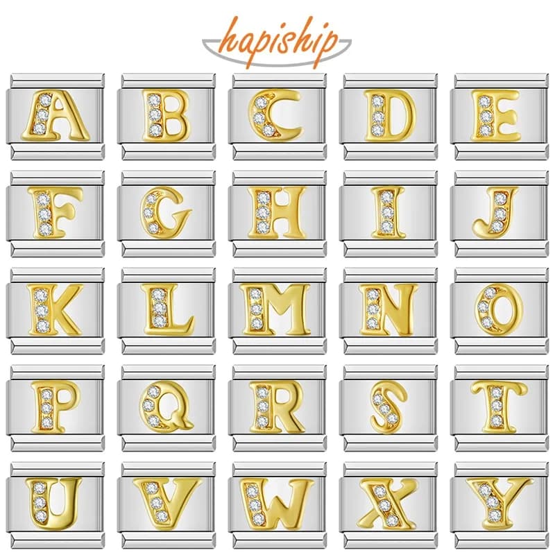 Hapiship Shiny CZ 26 Letters A-Z Italian Charms Gold Plated 9mm Stainless Steel Modular Bracelet DIY Jewelry DJ2479