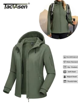 TACVASEN Womens Fleece Lined Softshell Jacket Waterproof Hiking Coat with Hood Thumbholes Lightweight Windproof Full Zip Jacket