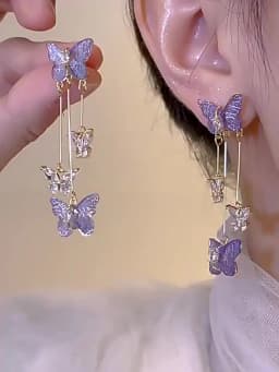 Elegant Purple Glass Butterfly Long Tassel Earrings for Women Delicate Rhinestone Crystal Insect Earrings Luxury Party Jewelry