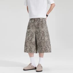 IEFB Edgy Men's Leopard Print Denim Shorts Wide Leg Baggy Fit Knee Length Streetwear Casual Premium Cotton Jeans 9X2989