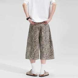 IEFB Edgy Men's Leopard Print Denim Shorts Wide Leg Baggy Fit Knee Length Streetwear Casual Premium Cotton Jeans 9X2989