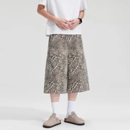 IEFB Edgy Men's Leopard Print Denim Shorts Wide Leg Baggy Fit Knee Length Streetwear Casual Premium Cotton Jeans 9X2989