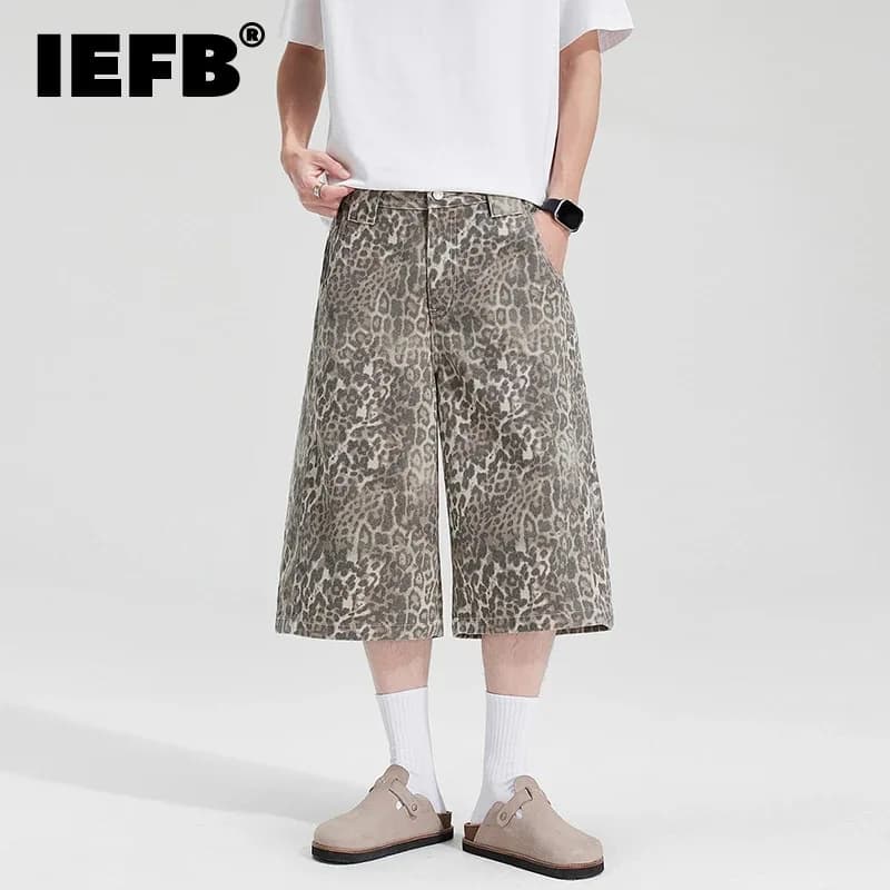 IEFB Edgy Men's Leopard Print Denim Shorts Wide Leg Baggy Fit Knee Length Streetwear Casual Premium Cotton Jeans 9X2989