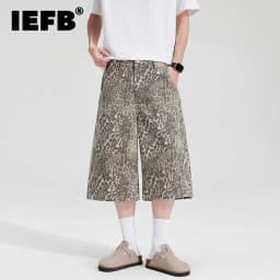 IEFB Edgy Men's Leopard Print Denim Shorts Wide Leg Baggy Fit Knee Length Streetwear Casual Premium Cotton Jeans 9X2989