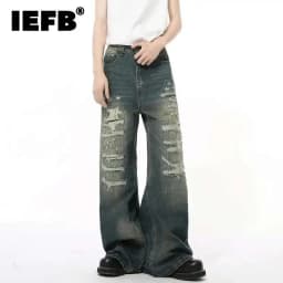 IEFB High Street Men's Denim Pants Hole Worn-out Streetwear Trousers Straight Wide Leg Casual Male Jeans New Autumn 2024 9C8513