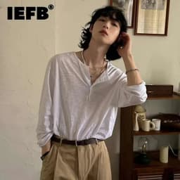 IEFB Korean Style Men's T-shirts Loose Button Design Pullover Tops Casual Solid Color Long Sleeve Male Tees Simple New 9C6913