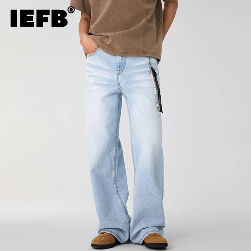 IEFB Men's Clothing Wide Leg Denim Pants Summer American Style Glacier Blue Straight Jeans Unisex Cleanfit Simple Couple 9W3904