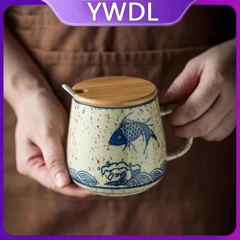 YWDL 350ml Japanese Ceramic Coffee Mug With Lid And Spoon Milk Breakfast Cups Home Heat-resistant Teacup Tumbler Water Mug Gift