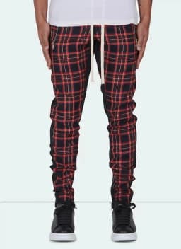 Men's slim-fitting casual sportswear fashion trend: zipper pocket checkered patchwork street fashion skinny pants