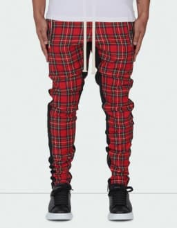 Men's slim-fitting casual sportswear fashion trend: zipper pocket checkered patchwork street fashion skinny pants