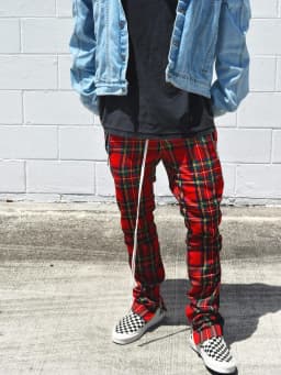 Men's slim-fitting casual sportswear fashion trend: zipper pocket checkered patchwork street fashion skinny pants