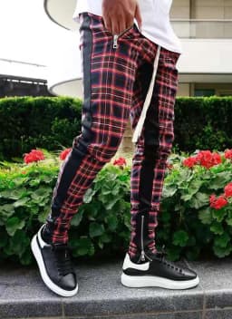 Men's slim-fitting casual sportswear fashion trend: zipper pocket checkered patchwork street fashion skinny pants