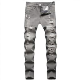 European American Holes Jeans Men Casual Gray Washed Teenagers Stretchless Mid Waist Slim Fitting Denim Pants Ripped Jeans