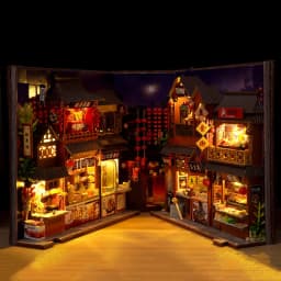 DIY Book Nook Wooden Miniature Model Kits Chinese Food Street Casa Bookend 3D Puzzle With Light Bookshelf for Friends Gift