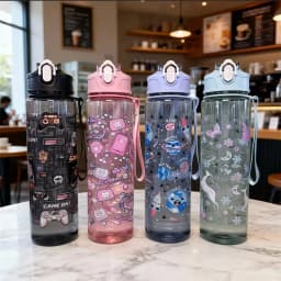 750ml Cute Cartoon Pattern Plastic Water Cup, Large Capacity, Portable, Leak-Proof, with Carrying Strap and Straw, for Travel