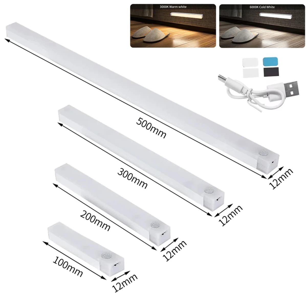 PIR Motion Sensor LED Cabinet Light 10CM/20CM/30CM/50CM USB Rechargeable 3000K/6000K LED Under Magnetic Night Led Night Sensor