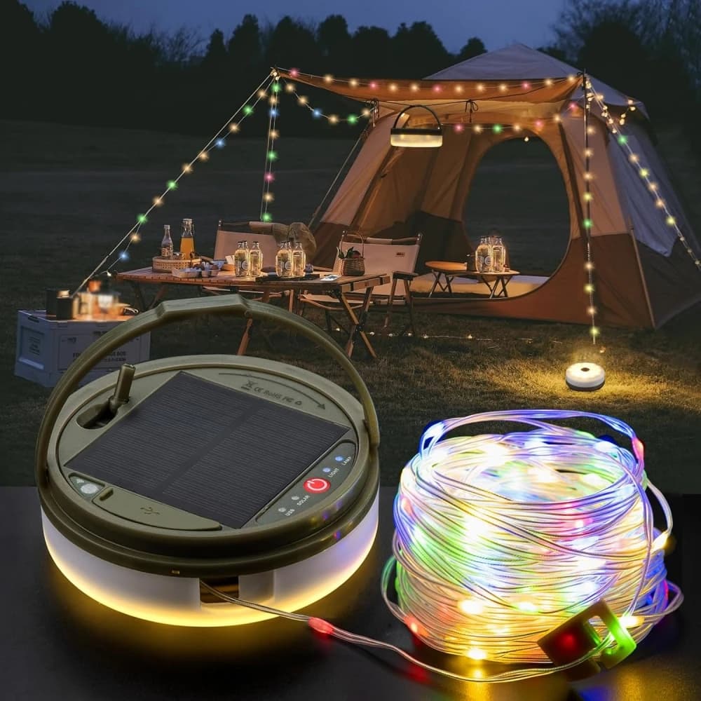 Solar Camping String Lights Waterproof Camping Lights with 8 Lighting Modes Rechargeable Outdoor Camp Lamp Portable Tent Lantern