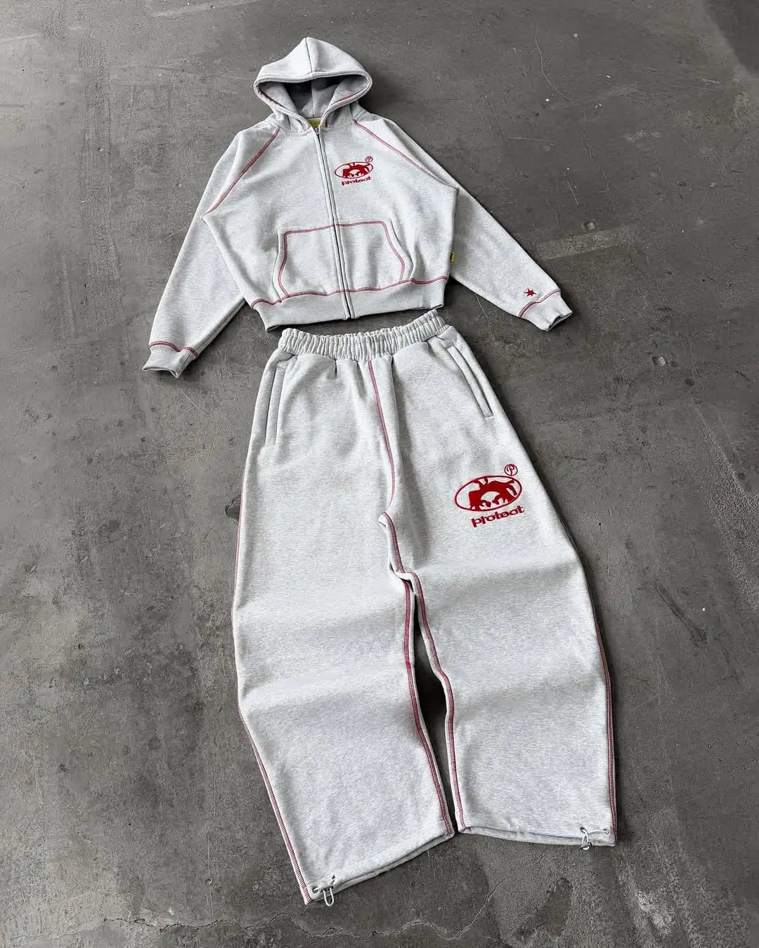 Men Tracksuit Gray Casual Loose Fit Korean Streetwear American Style Y2K Retro Two Piece Outfit Hoodie Jogger Pants Sweatshirt