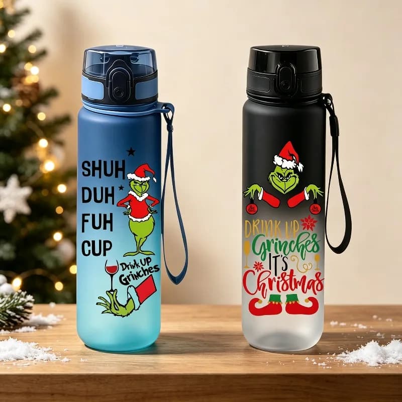 650ml The Grinch Christmas Bouncing Lid Water Cup, Gradient Frosted Leak‑proof Portable Sports Drinking Bottle with Lanyard