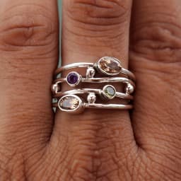 Huitan Bohemia Style Multi-layered Colorful Cubic Zirconia Finger Ring for Women Silver Color Daily Party Gift Statement Jewelry