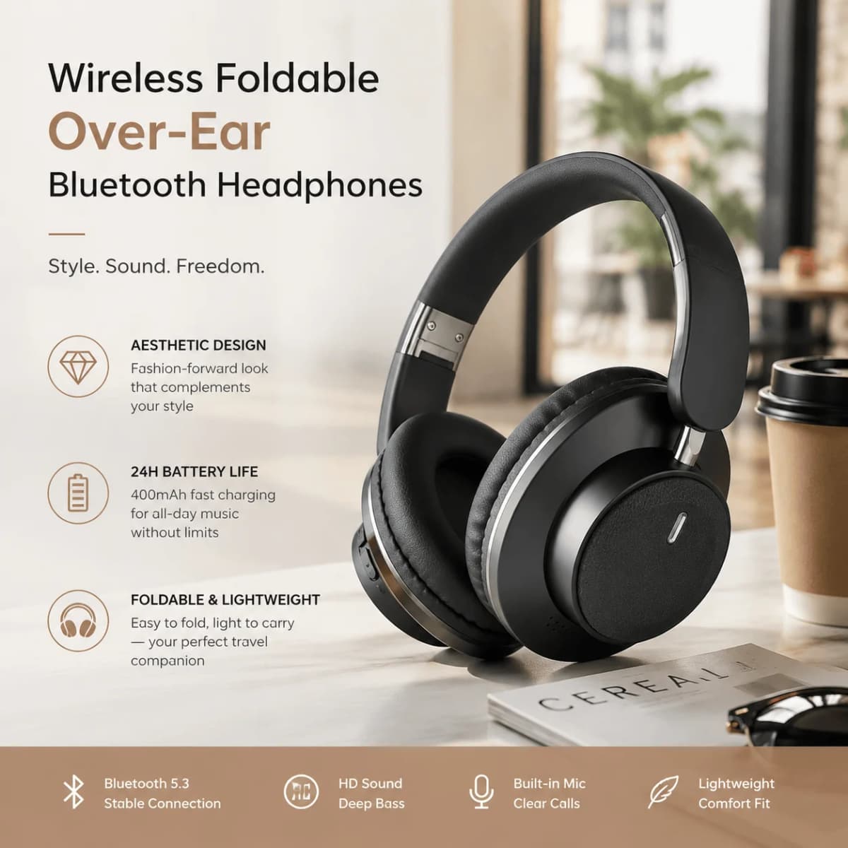 Bluetooth Headphones Over Ear Wireless Headset BT5.3 Foldable Portable Hi-Res Audio Fashion Aesthetic Deep Bass Stereo 24H Battery Fast Charge Dual Mode With Mic Noise Isolation For Students Content Creators Remote Work Travel Commuting Light