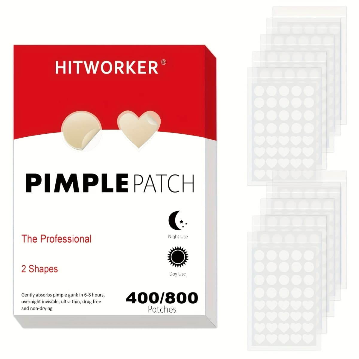 400/800pcs HITWORKER Hydrocolloid Acne Patches, 2 Sizes, Day & Night Use, Beige, Oil Control, Fragrance-Free