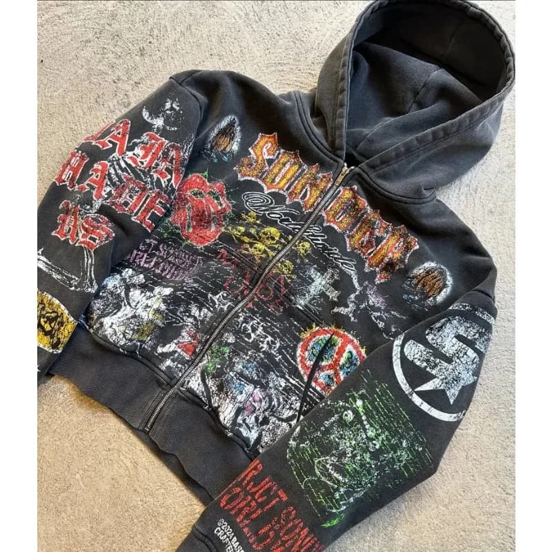 Zipper Hoodie Y2k American Fashion Personalized Anime Printed Retro Gothic Dark Style Oversized Sportswear Street Top