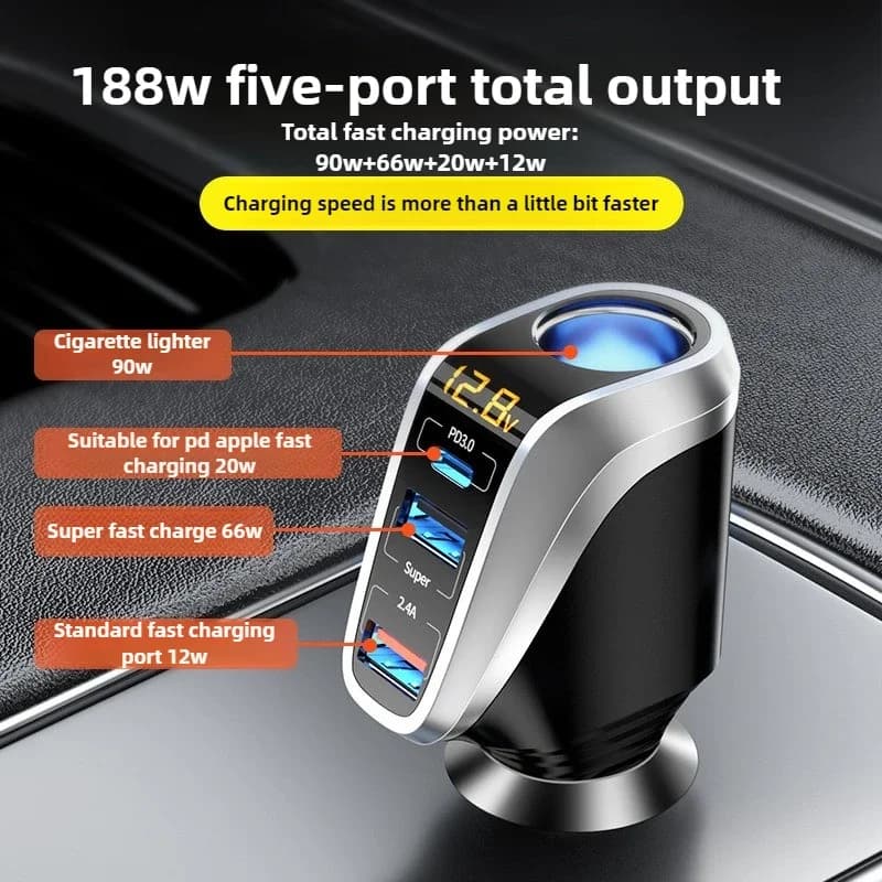 188W Car Charger with QC3.0 & PD20W Fast Charging 3-Port USB Adapter for iPhone Samsung 12V/24V Cigarette Lighter Socket