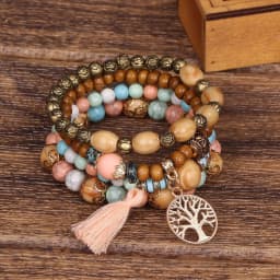 4Pcs Bohemia Tree Of Life Charm Beaded Bracelet Set For Women Handmade Wood Beads Chain Bangle Female Boho Jewelry